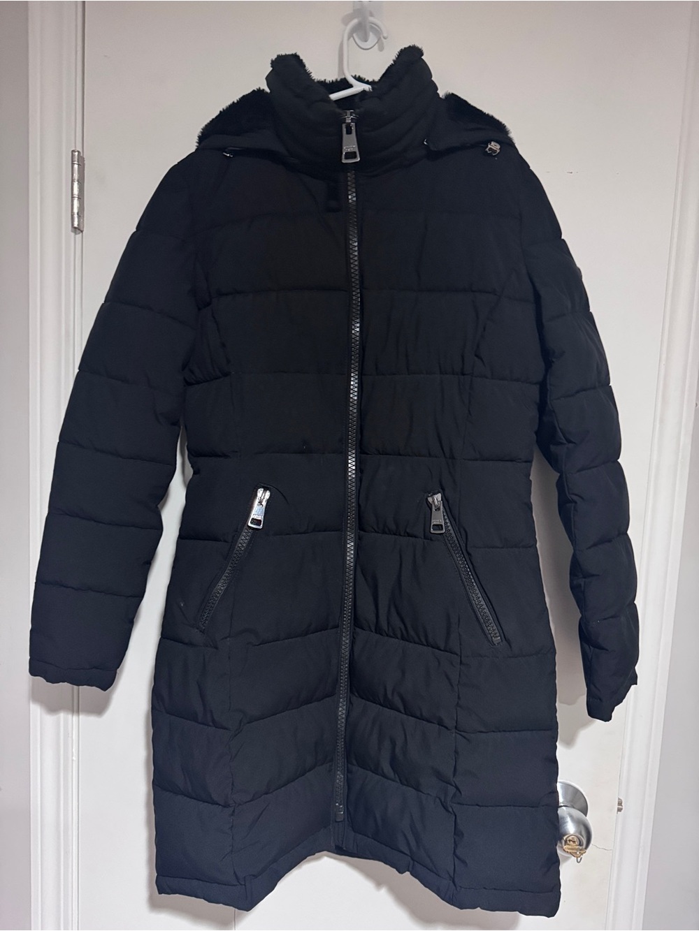 Andrew Marc Black Long Quilted Puffer Coat with Hood, Super warm - great shape.